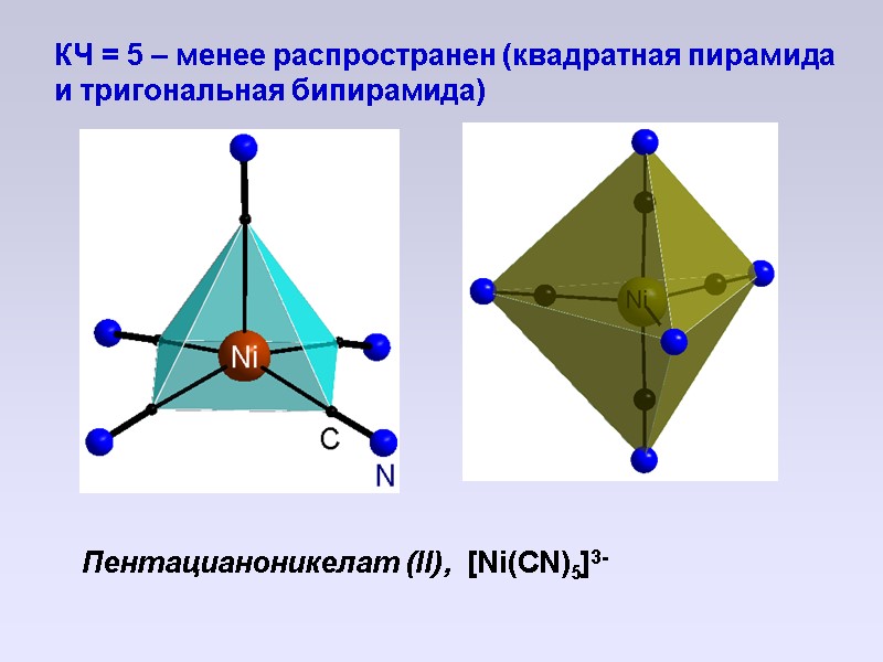 КЧ = 5 – менее распространен (квадратная пирамида и тригональная бипирамида) Пентацианоникелат (II), 